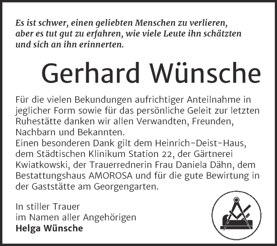 Traueranzeige von Gerhard Wünsche von Trauerkombi Dessau