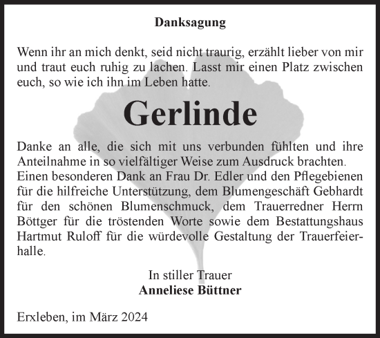 Traueranzeige von Gerlinde  von Volksstimme Haldensleben/Wolmirstedt