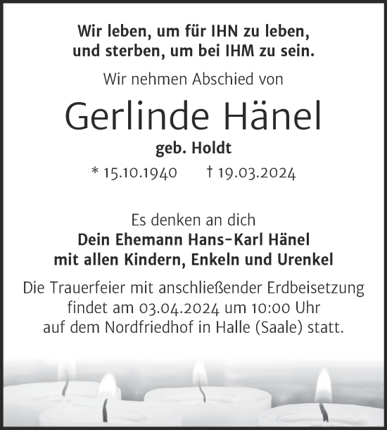 Traueranzeige von Gerlinde Hänel von Mitteldeutsche Zeitung Halle/Saalkreis