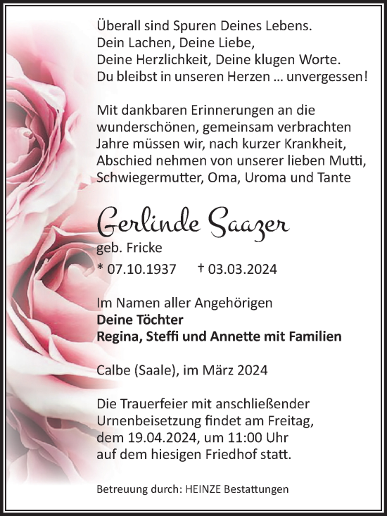 Traueranzeige von Gerlinde Saazer von Volksstimme Schönebeck