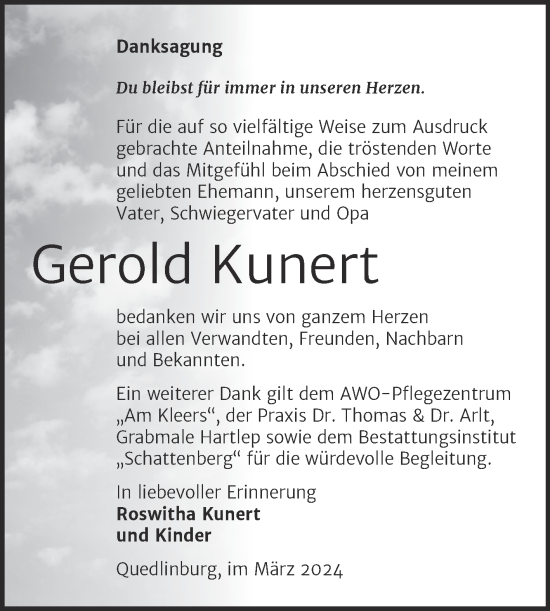 Traueranzeige von Gerold Kunert von Trauerkombi Quedlinburg