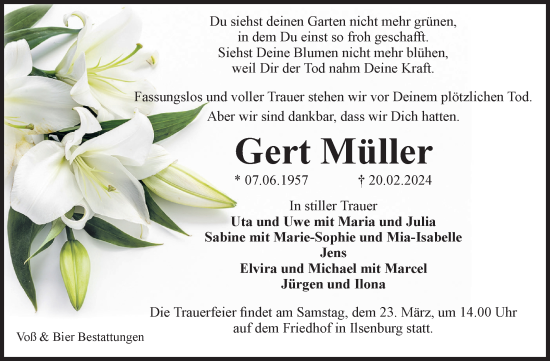 Traueranzeige von Gert Müller von Volksstimme Wernigerode