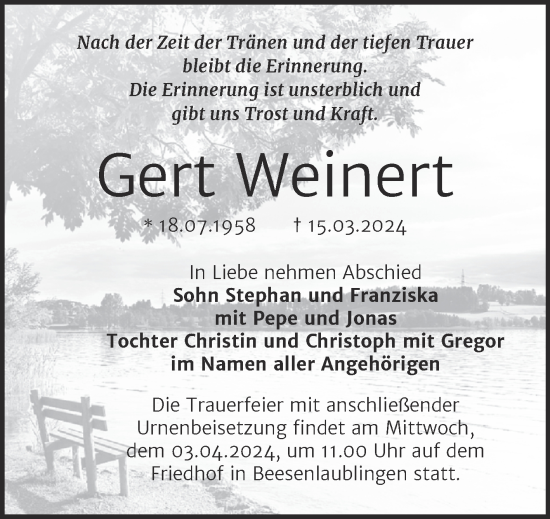 Traueranzeige von Gert Weinert von Trauerkombi Bernburg