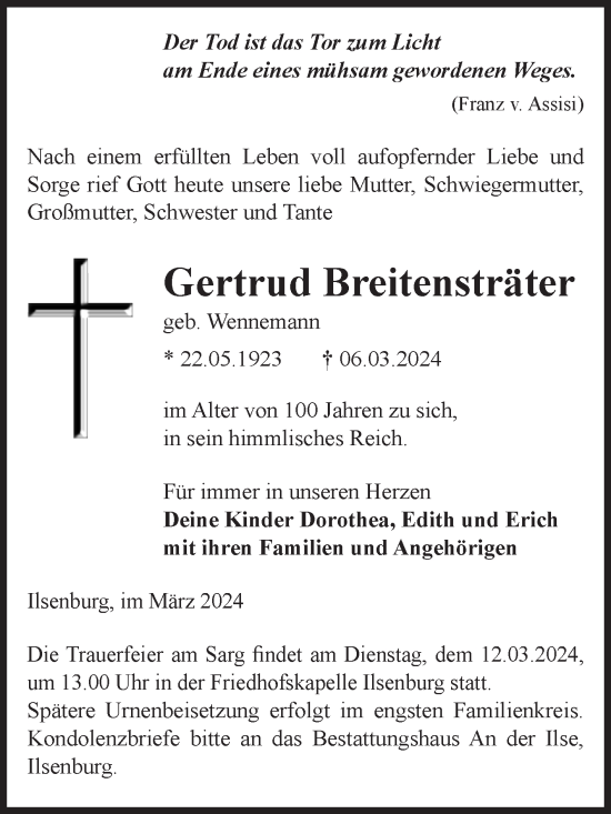 Traueranzeige von Gertrud Breitensträter von Volksstimme Wernigerode