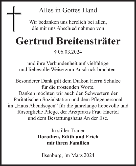 Traueranzeige von Gertrud Breitensträter von Volksstimme Wernigerode