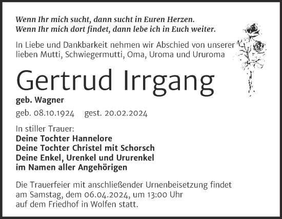 Traueranzeige von Gertrud Irrgang von SuperSonntag Bitterfeld