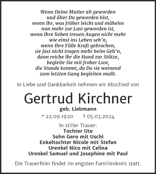 Traueranzeige von Gertrud Kirchner von Mitteldeutsche Zeitung Bitterfeld