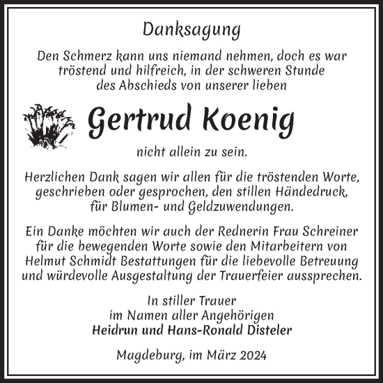 Traueranzeige von Gertrud Koenig von Volksstimme Magdeburg
