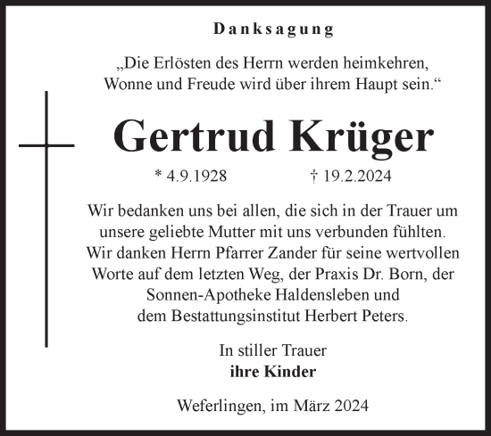 Traueranzeige von Gertrud Krüger von Volksstimme Haldensleben/Wolmirstedt