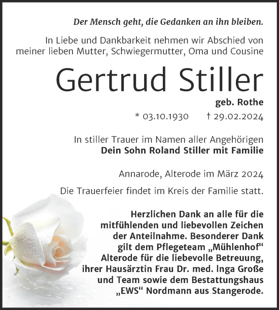 Traueranzeige von Gertrud Stiller von Trauerkombi Mansfelder Land