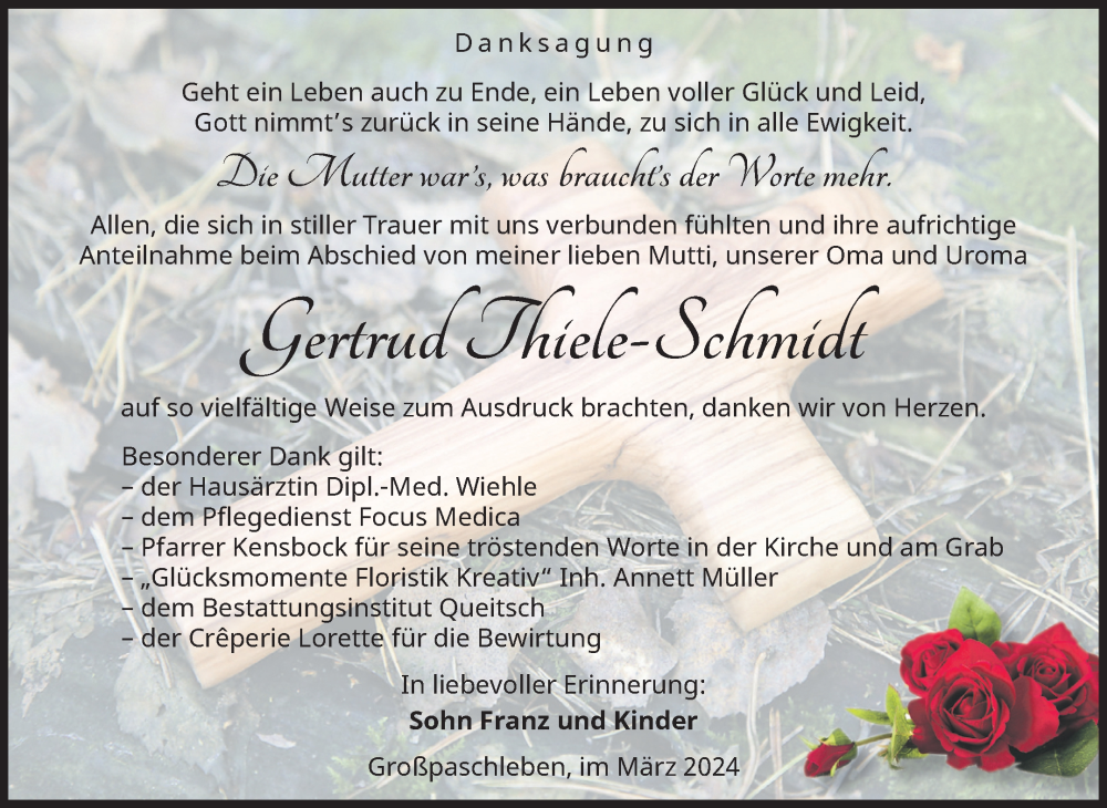  Traueranzeige für Gertrud Thiele-Schmidt vom 16.03.2024 aus Trauerkombi Köthen