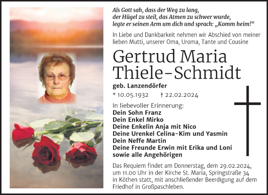Traueranzeige von Gertrud Maria Thiele-Schmidt von Trauerkombi Köthen