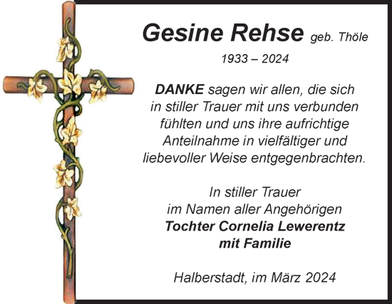 Traueranzeige von Gesine Rehse von Volksstimme Halberstadt