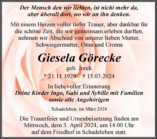 Traueranzeige von Giesela Görecke von Trauerkombi Aschersleben