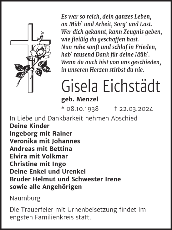 Traueranzeige von Gisela Eichstädt von Super Sonntag Naumburg/Nebra