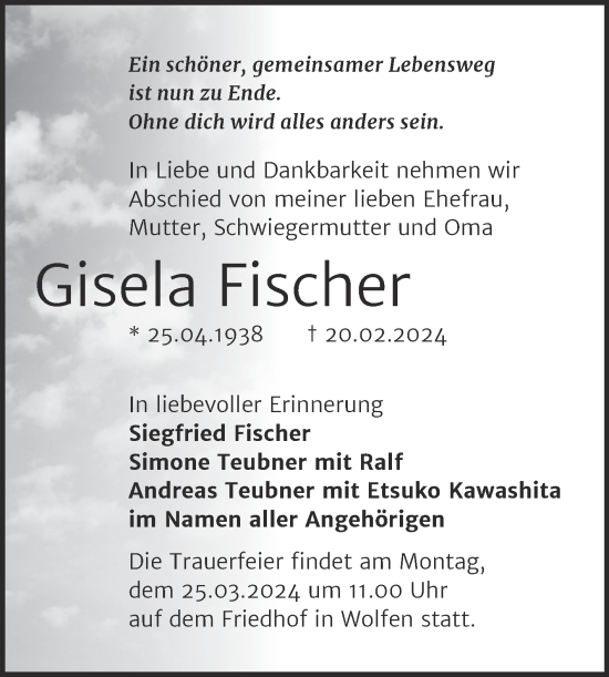 Traueranzeige von Gisela Fischer von Trauerkombi Bitterfeld