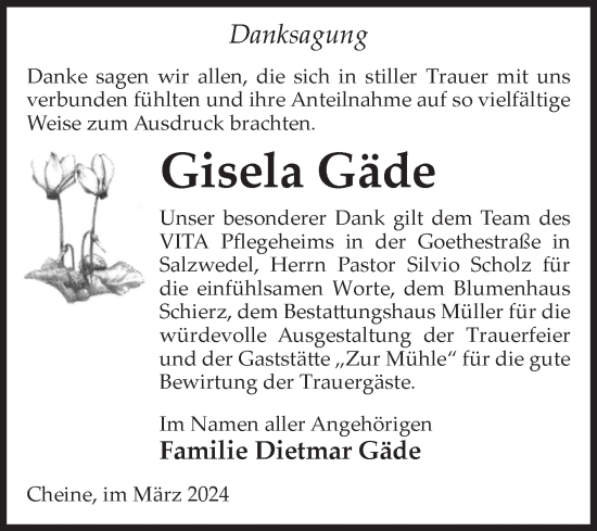 Traueranzeige von Gisela Gäde von Volksstimme Altmark West