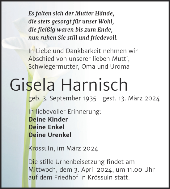 Traueranzeige von Gisela Harnisch von Trauerkombi Weißenfels