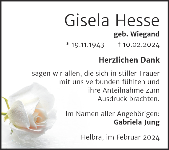 Traueranzeige von Gisela Hesse von Trauerkombi Mansfelder Land