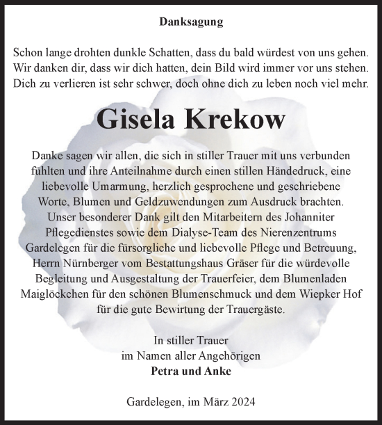 Traueranzeige von Gisela Krekow von Volksstimme Altmark West