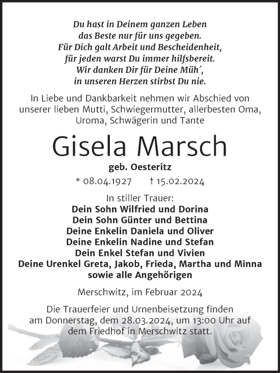 Traueranzeige von Gisela Marsch von Trauerkombi Wittenberg