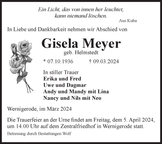 Traueranzeige von Gisela Meyer von Volksstimme Wernigerode