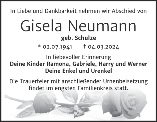 Traueranzeige von Gisela Neumann von Trauerkombi Bitterfeld