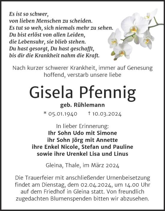 Traueranzeige von Gisela Pfennig von Super Sonntag Naumburg/Nebra