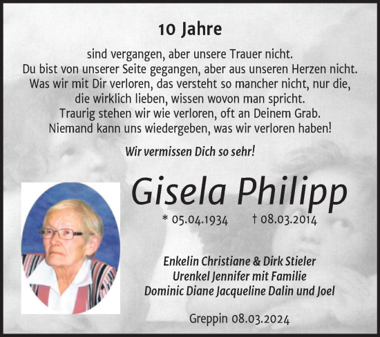 Traueranzeige von Gisela Philipp von Mitteldeutsche Zeitung Bitterfeld