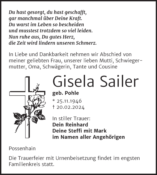 Traueranzeige von Gisela Sailer von Super Sonntag Naumburg/Nebra