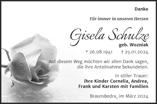 Traueranzeige von Gisela Schulze von Trauerkombi Merseburg