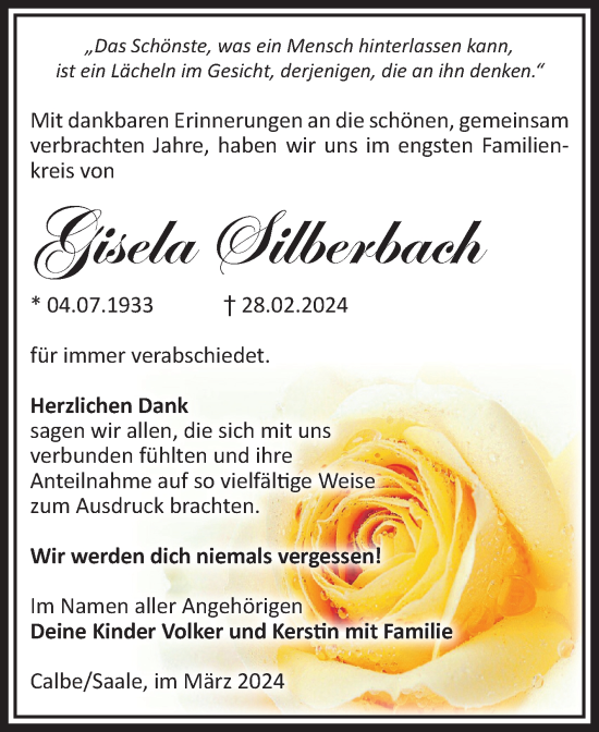 Traueranzeige von Gisela Silberbach von Volksstimme Schönebeck
