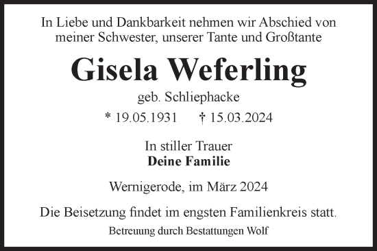 Traueranzeige von Gisela Weferling von Volksstimme Wernigerode