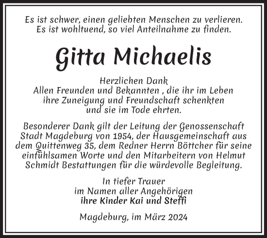 Traueranzeige von Gitta Michaelis von Volksstimme Magdeburg
