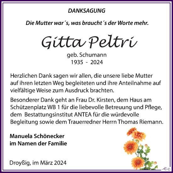 Traueranzeige von Gitta Peltri von Trauerkombi Zeitz
