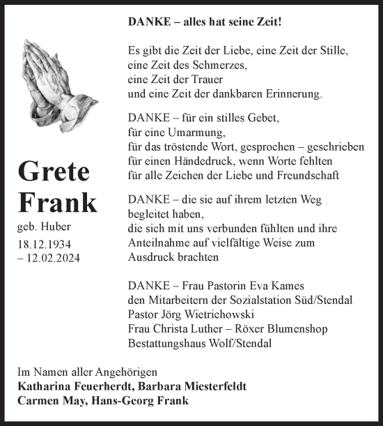 Traueranzeige von Grete Frank von Volksstimme Altmark Ost