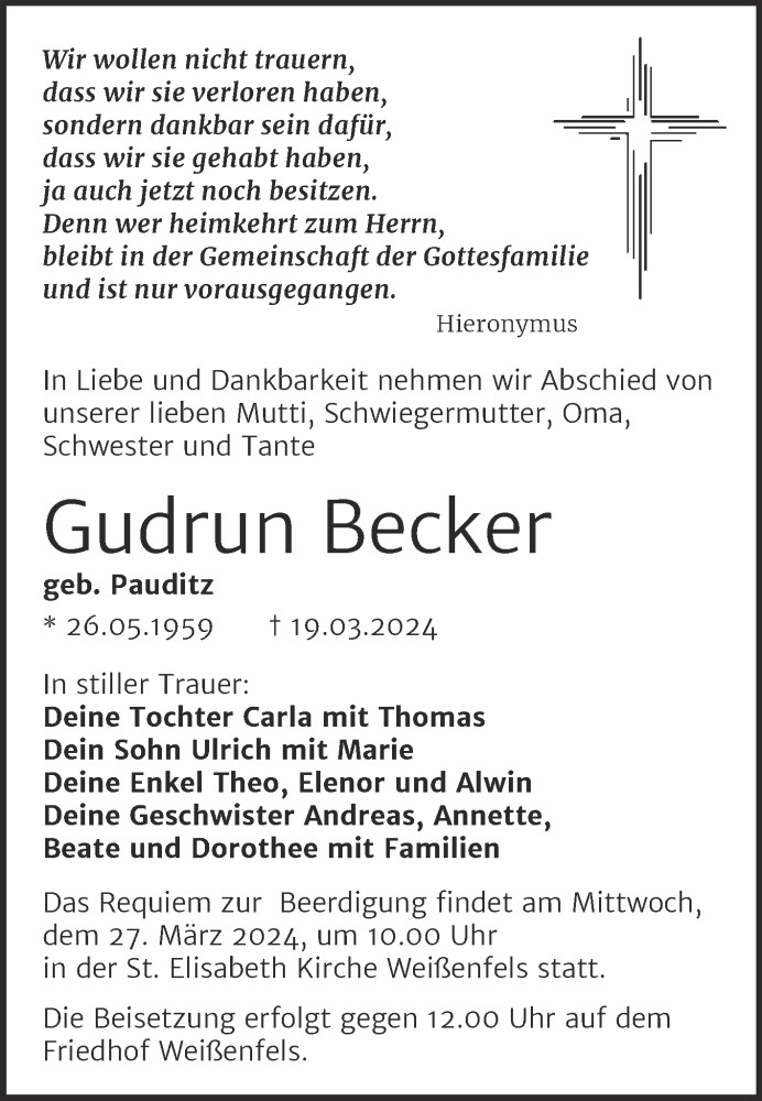  Traueranzeige für Gudrun Becker vom 23.03.2024 aus Mitteldeutsche Zeitung Weißenfels