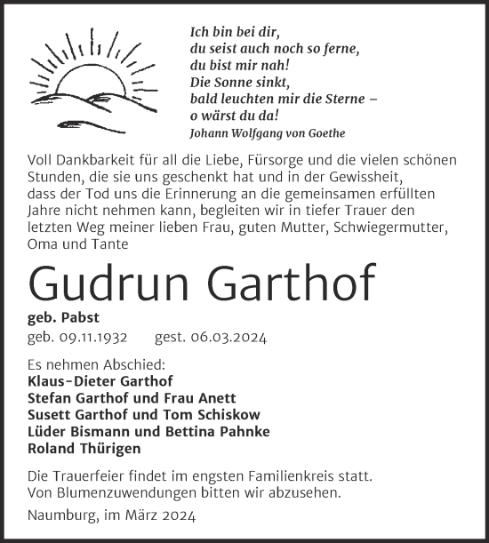 Traueranzeige von Gudrun Garthof von Naumburger Tageblatt