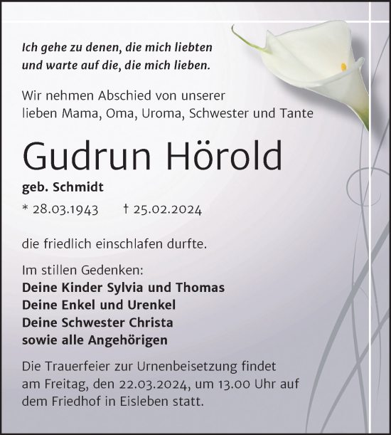 Traueranzeige von Gudrun Hörold von Trauerkombi Mansfelder Land