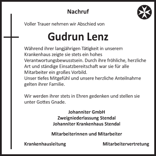 Traueranzeige von Gudrun Lenz 
