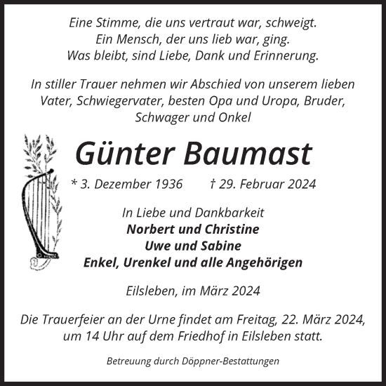 Traueranzeige von Günter Baumast von Volksstimme Oschersleben/Wanzleben
