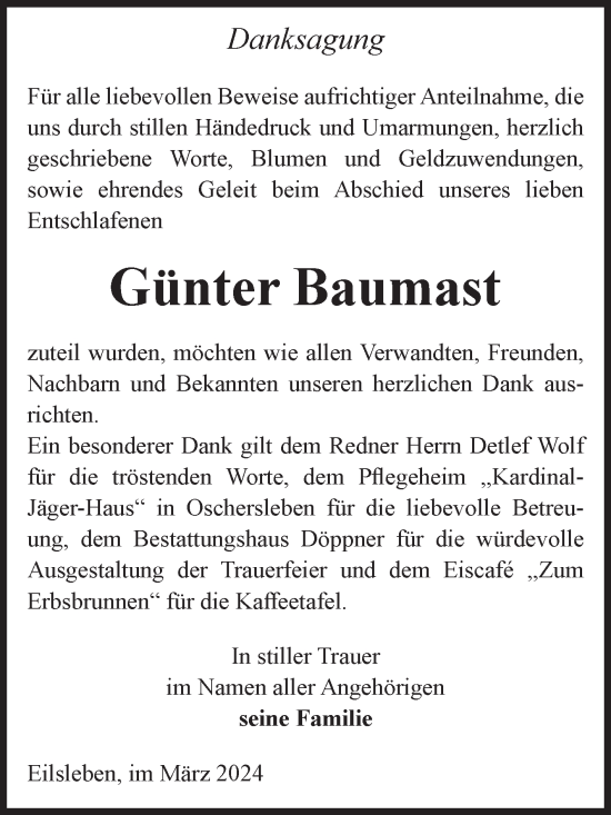 Traueranzeige von Günter Baumast von Volksstimme Oschersleben/Wanzleben