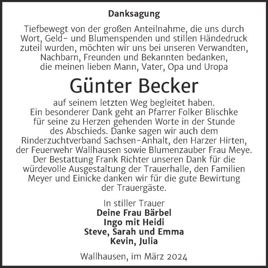 Traueranzeige von Günter Becker von Trauerkombi Sangerhausen