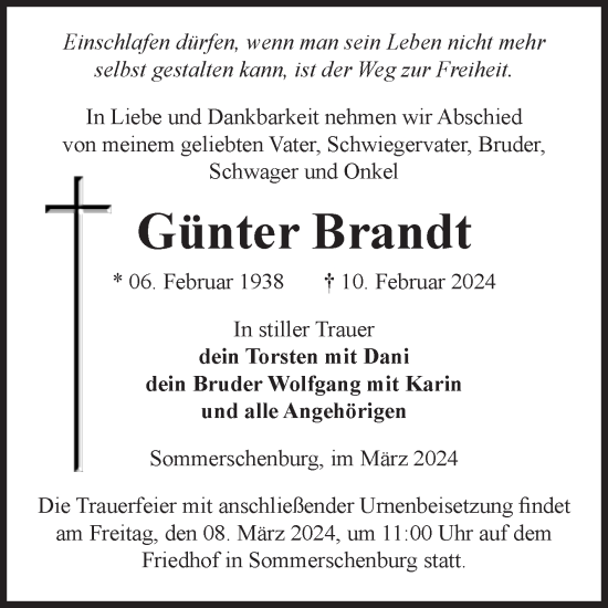 Traueranzeige von Günter Brandt von Volksstimme Oschersleben/Wanzleben