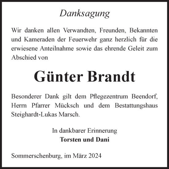 Traueranzeige von Günter Brandt von Volksstimme Oschersleben/Wanzleben