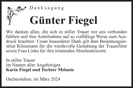 Traueranzeige von Günter Fiegel von Volksstimme Oschersleben/Wanzleben