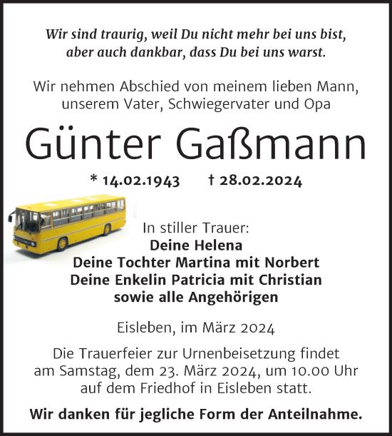 Traueranzeige von Günter Gaßmann von Trauerkombi Mansfelder Land
