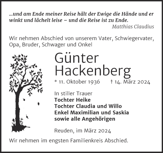 Traueranzeige von Günter Hackenberg von Trauerkombi Zeitz
