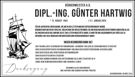 Traueranzeige von Günter Hartwig von Volksstimme Staßfurt