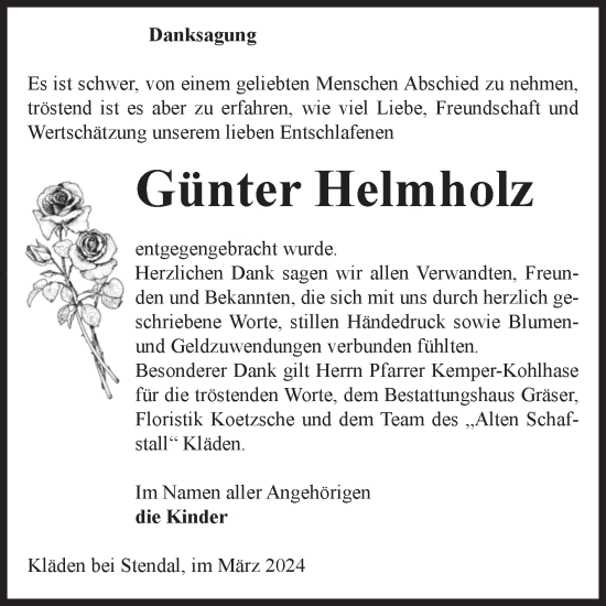 Traueranzeige von Günter Helmholz von Volksstimme Altmark Ost
